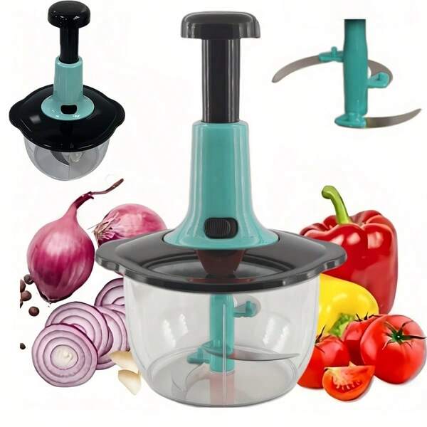 1PC Multi Functional Stainless Steel Manual Food Chopper -50.72 Ounce Capacity, Chopper/Meat Grinder/Mixer, Garlic Grinder And Onion Cutter, Suitable For Garlic, Meat And Multi-Purpose Kitchen Use, Durable Manual Crushing Tool, Vegetable Slicer And Chopper, Kitchen Small Tool, Pre Meal Preparation Accessories