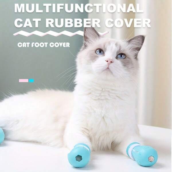 4pcs Silicone Anti-Scratch Cat Paw Protectors In Teal, Blue, & Red - Ideal For Bathing, Medication, Nail Trimming & Grooming - Durable Claw Covers For Cats