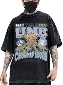 EWH Men's T - Shirt, Retro, UNC Tar Heels 1993 Champions Graphic, Vintage Washed, Loose Fit, Short Sleeved, TopDG004 - màu đen - Xem 2