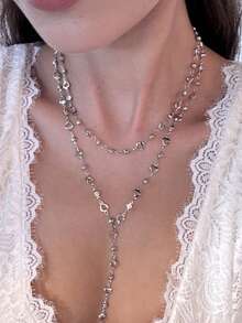 1条简约时尚双层彩色亚克力金属亮面项链，带流苏，适合日常佩戴、聚会、派对、节日和送礼。 - 銀色 - 查看 2