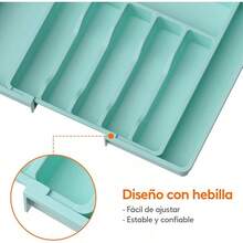 Caja de almacenamiento de vajilla, bandeja retráctil para vajilla, bandeja de vajilla para cajón de cocina, caja de almacenamiento compacta ajustable para vajilla, cuchara, tenedor, cuchillo, tamaño, negro - Turquesa - Ver 5