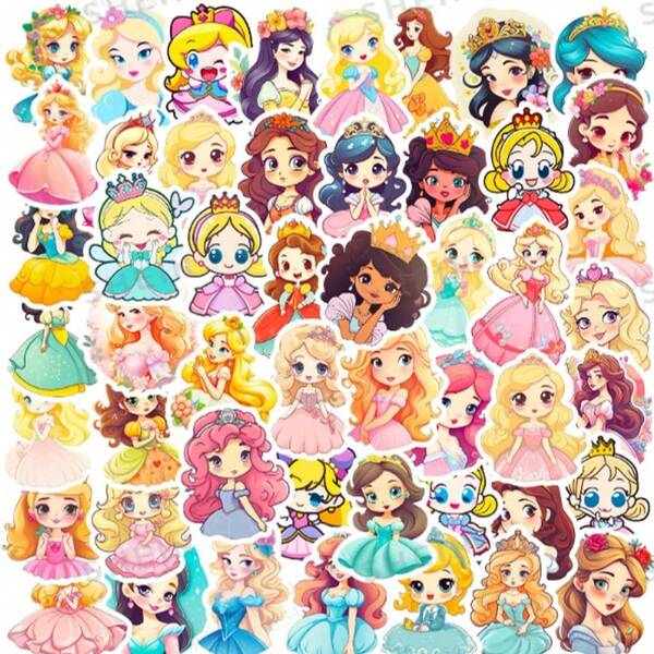 50 piezas de pegatinas de princesas con vestidos de dibujos animados, juguetes para niños de jardín de infantes, pegatinas de hermosas princesas para niñas