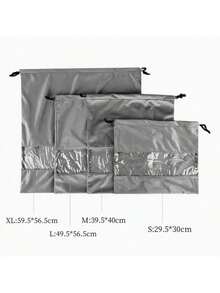 抽绳仿麂皮旅行鞋袋带提手收纳防尘罩带PVC透明窗口学校用品袋收纳袋冬季 - 灰色 - 查看 3