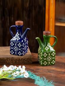 1 dozator de ulei ceramic, dozator de sos de soia cu capac și mâner din lemn, design din porțelan albastru și alb, congelator, formă pătrată, potrivit pentru depozitarea condimentelor în bucătărie, oțet, sos de soia și recipient pentru condimente, soluție de depozitare în bucătărie | Design floral artistic | Borcan cu capac din lemn | Sticlă dozator - Multicolor - Vizualizare 4