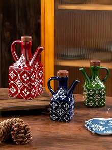 1 dozator de ulei ceramic, dozator de sos de soia cu capac și mâner din lemn, design din porțelan albastru și alb, congelator, formă pătrată, potrivit pentru depozitarea condimentelor în bucătărie, oțet, sos de soia și recipient pentru condimente, soluție de depozitare în bucătărie | Design floral artistic | Borcan cu capac din lemn | Sticlă dozator - Multicolor - Vizualizare 8