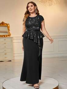 Plus Sequin  Contrast Split Thigh Mermaid Hem Formal Party Dress For Wedding Guest, Birthday, Graduation, Homecoming - 黑色 - 查看 4