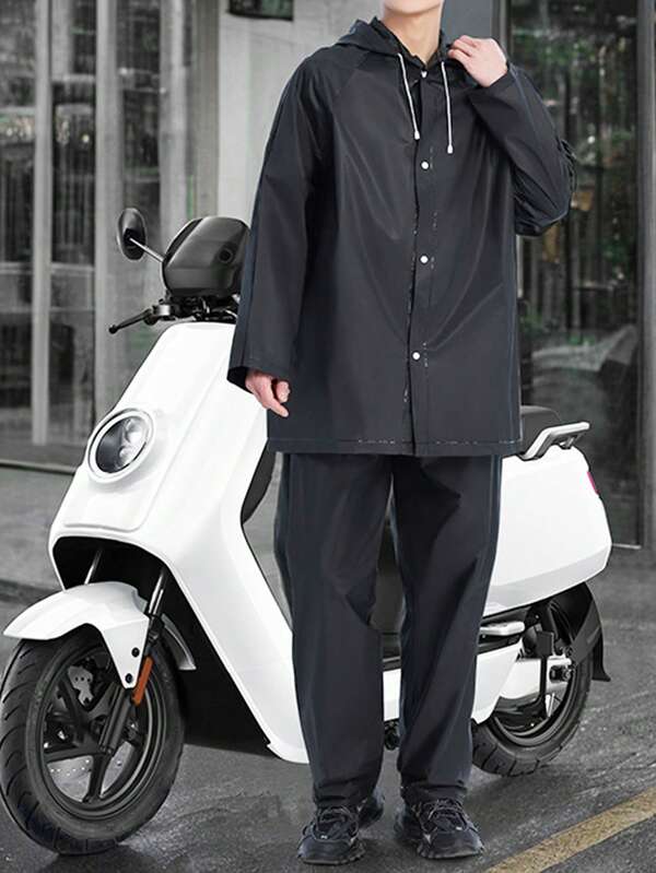 Conjunto de 2 peças de jaqueta e calça de chuva preta, traje de chuva casual para caminhadas ao ar livre, capa de chuva de corpo inteiro espessada em EVA à prova de vento e água, poncho com capuz para ciclismo e viagem ao ar livre para adultos