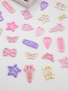 30pcs/Set Girls Cute Princess Barrettes, Pink & Purple Shiny Dopamine Stars, Hearts, Butterflies, Teddy Bears, Minimalist Design, Daily Use Hair Clips - Multicolor - View 8