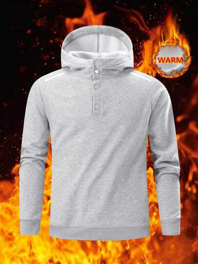 Men's Fall/Winter Fashion Hooded Pullover – Printed Reflective Stripes, Hidden-Snap Placket, Thermal Lined For Warmth And Wind Protection; Perfect For Outdoor Leisure, Sports, And Running.