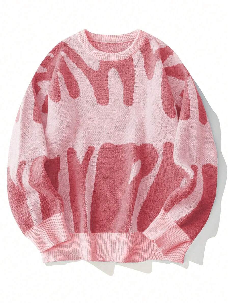 时尚图案圆领长袖休闲套头衫印花落肩字母组合学院风街头风春假针织毛衣 - 彩色 - 查看 1