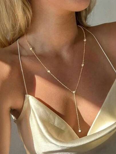 1pc Stainless Steel Necklace For Women, Dainty Layered Gold Long Necklaces 18k Gold Plated Beaded Bar CZ Drop Necklace Simple Gold Y Choker Necklaces For Women Gold Jewelry Gifts For Women
