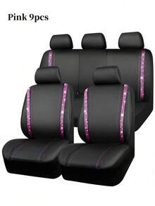 9PCS/4PCS Leather Bling Diamond Car Seat Covers Full Set - Waterproof Anti-Slip Rhinestone Automotive Covers, Universal Fit For Car/SUV/Sedan/Van, Airbag Compatible With Rear Zipper Design 9PCS Includes: 2 Front Seat Covers + 1 Backrest Cover + 1 Back Seat Cover + 5 Headrest Covers, 4PCS Includes: 2 Front Seat Covers + 2 Headrest Covers - 款式A - 查看 21