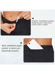 Womens High Waisted Running Shorts Quick Dry Athletic Workout Shorts With Mesh Liner Zipper Pockets - 黑色 - 查看 4