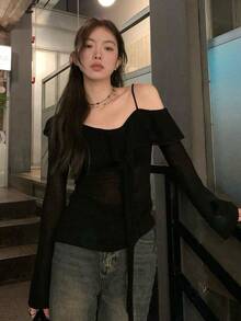 女式纯色长袖T恤，性感别致上衣 - 黑色 - 查看 7