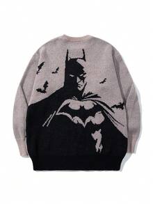 Warner Bros 男士休闲宽松蝙蝠侠提花图案圆领长袖套头毛衣，街头风，适合秋冬季穿着 - 卡其色 - 查看 4