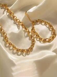 RAYQUEEN 一套不锈钢时尚百搭朋克风金色项链+手链首饰套装，适合日常佩戴和节日礼物 - 金黃色 - 查看 7