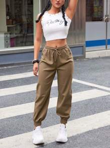 Dama Mujer Joven Juvenil Jeans Jogger Deportivo fresco ligero ajustable corte cómodo informal casual Cintas cintura Elástico tobillos Bolsas  Casual  Fiesta    Satén    Cordón    Diario    Todas las temporadas - Café integral - Ver 1