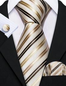 White With Gold Stripes Necktie Mens Tie  Handkerchief Cufflinks Set Wedding Formal - 金色 - 查看 1