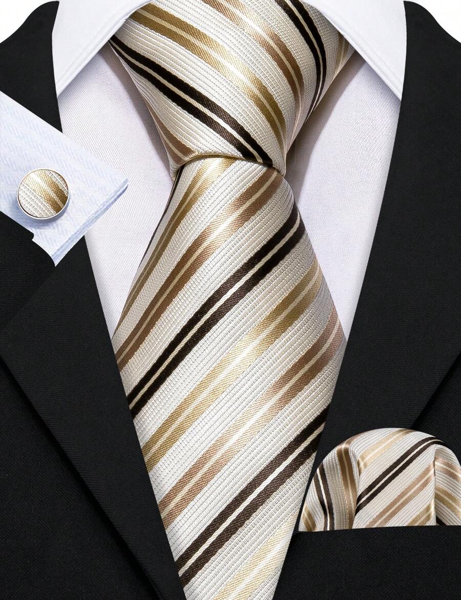 White With Gold Stripes Necktie Mens Tie  Handkerchief Cufflinks Set Wedding Formal - 金色 - 查看 1