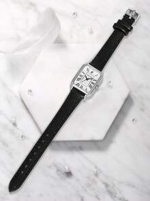 1 件 LUCKYFOX 锌合金复古石英方形表盘皮革表带手表，适合青年、学生、休闲日常生活、返校 - 黑色 - 查看 3