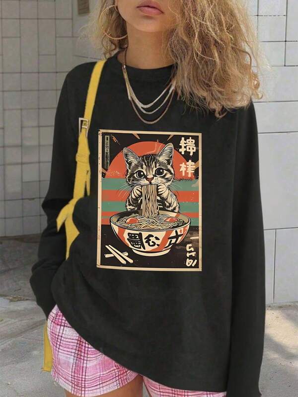 Tween Girl Graphic Print Crew Neck Long Sleeve T-Shirt, Autumn/Winter Top