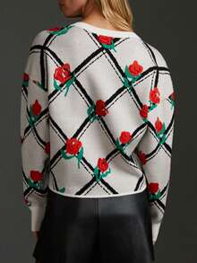 Women's Knitted Sweater Floral Print Long-Sleeved Crew Neck Pullover Autumn/Winter Model - White - View 4