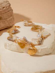 imoli 1 pieza Pulsera de estilo bohemio minimalista con colgante de perla, cruz y trébol, para mujer, regalo perfecto para playa, viajes y vacaciones (teñido artificialmente, puede tener un ligero desvanecimiento del color)