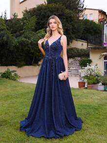Babyonlinedress V-Neck Elegant Dress With Embroidered Beaded   Appliques  Zipper Contrast Sequin  Formal & Evening  Wedding Guest Prom - 藏蓝色 - 查看 1