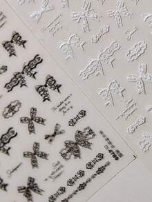 1片秋季新款白色/黑色/粉色蕾丝蝴蝶结美甲贴纸，可爱蝴蝶结美甲贴纸，白色粉色3D自粘复古精致蝴蝶结美甲设计用品，丝带蝴蝶结，女士DIY美甲装饰 - 彩色 - 查看 3