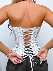白色纹理薄纱花卉蕾丝镂空束身胸衣露脐上衣，适合日常穿着/派对/婚礼，夏季抹胸上衣 - 白色 - 查看 10