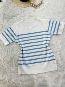 STORE MODA SUMMER KNITTED MODAL STRIPED BLOUSE - TRẮNG VÀ XANH NHẸ - Xem 2