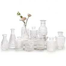 24个复古迷你花瓶，款式多样，精致小巧，适合桌面装饰，透明花盆，雕工精美，是乡村婚礼、派对、餐桌装饰、家居装饰、花瓶、桌面摆件、生日毕业礼物、房间装饰玻璃花瓶的理想之选。 - 彩色 - 查看 1