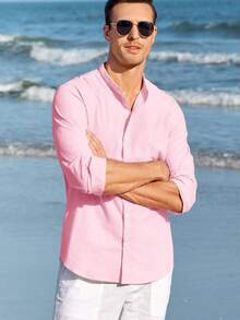 Runcati Men Linen Shirt Button Down Long Sleeve Cotton Beach Band Collar Casual Summer Shirts - Hồng - Xem 1