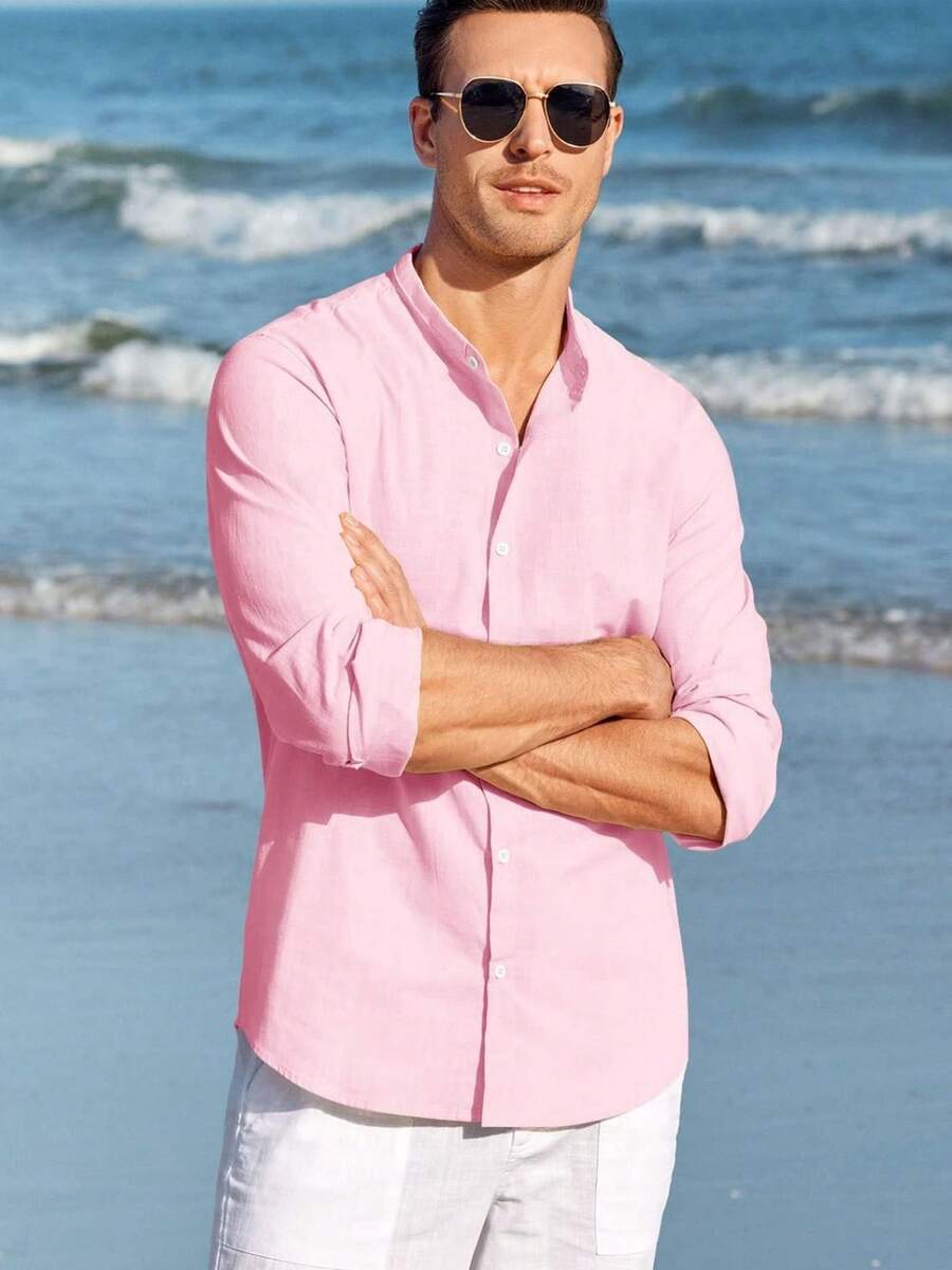 Runcati Men Linen Shirt Button Down Long Sleeve Cotton Beach Band Collar Casual Summer Shirts - Hồng - Xem 1