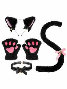 猫咪角色扮演服装 - 2/3/4 件猫耳和尾巴套装，带项圈爪子手套猫咪角色扮演服装配饰小猫耳朵项圈尾巴 R 爪子或女士女孩万圣节装扮