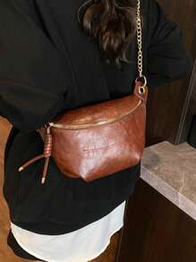 Bolsa de peito com corrente feminina, material PU, fecho de zíper, bolsa portátil para guardar celular, pochete, cor sólida, estilo simples, bolsa transversal para compras, encontros, passeios, tamanho compacto