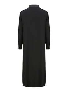 穆斯林男士长袍，长袖，立领，热钻，时尚沙特阿拉伯宽松男士长袍，伊斯兰宽松正装长袍 - 黑色 - 查看 4