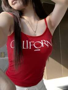 Women's Slim Fit Letter Print Camisole Tank Top, Summer - Red - View 1