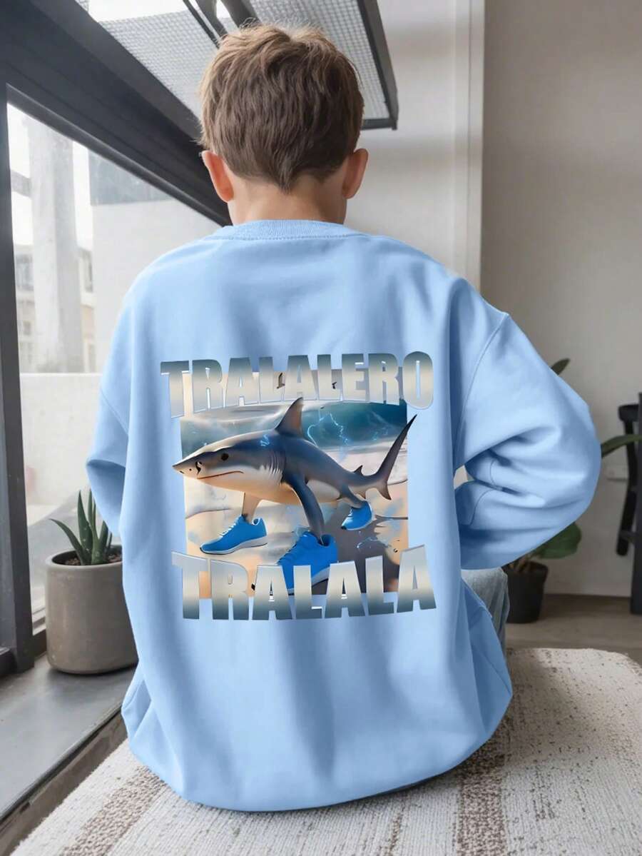 Tween Boys Casual Ocean Style Shark Pattern Round Neck Long Sleeve Sweatshirt Autumn And Winter Student Boys Clothes