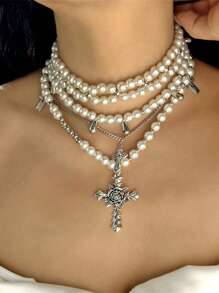 1pc Minimalist Vintage Cross & Pearl Layered Necklace, Fashion Statement Choker Necklace, Suitable For Party, Gathering, Daily Wear, Gift For Her