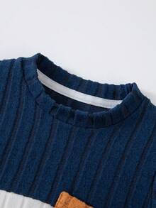 Set de 2 piezas de sudadera de manga larga y pantalones de color contrastante para niños, informal con parches acanalados, para otoño/invierno