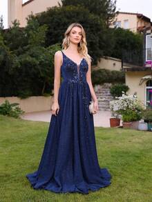 Babyonlinedress V-Neck Elegant Dress With Embroidered Beaded   Appliques  Zipper Contrast Sequin  Formal & Evening  Wedding Guest Prom - 藏蓝色 - 查看 4