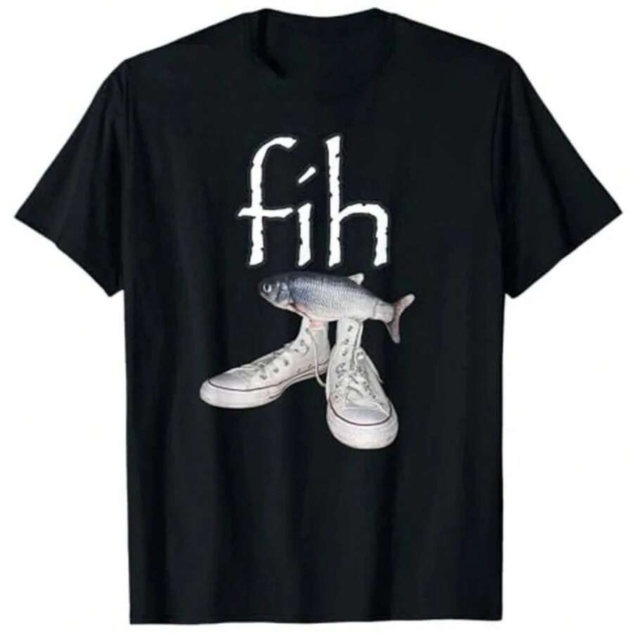 Fih Shoes Fish Misspelled Humor T-Shirt Fisherman Fih-Calling Y2k Design Graphic Outfit Men Women Fashion Tee Tops - màu đen - Xem 1