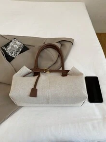 1 chiếc túi tote vải bố ghép mảnh màu nâu cà phê, dung tích lớn, trang trí quai đeo, túi đeo vai nữ, túi đi biển. - Cà phê nâu - Xem 4