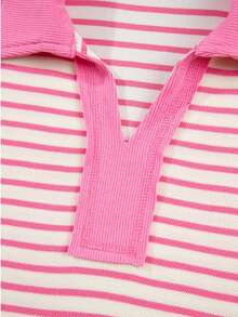 Stripe Designed Collared V Neck Drop Shoulder Sweatshirt And Skort Sets - 粉色 - 查看 6