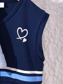 Vihyde 2 pezzi/set Abito camicia a righe e gilet con stampa a cuore, stile scolastico per ragazze adolescenti, autunno/inverno