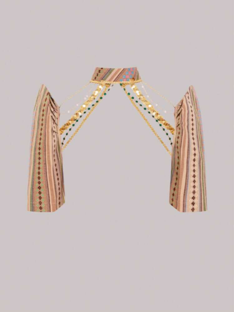 Amyenjoylife 现代菲律宾风蝴蝶袖可拆卸袖时尚优雅女士露肩上衣，菲律宾风短披肩（不含裙子） - 黃色 - 查看 2