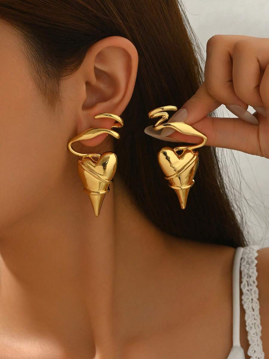 1 Pair Women Metal Asymmetrical Geometric Line Wrapped Heart Shaped Earrings, Party Jewelry Gift