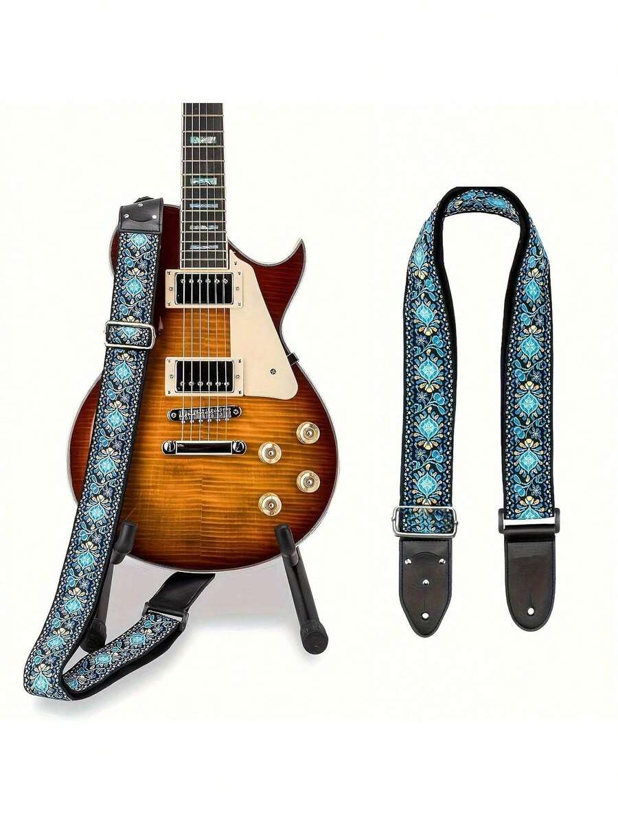 Guitar Straps, Vintage Embroidered Cotton Guitar Straps With Leather Ends For Bass, Electric & Acoustic Guitars