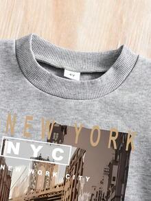 Young Boy Landscape Print Crew Neck Sweatshirt And Sweatpants Casual Suit, Autumn - Grey - View 4